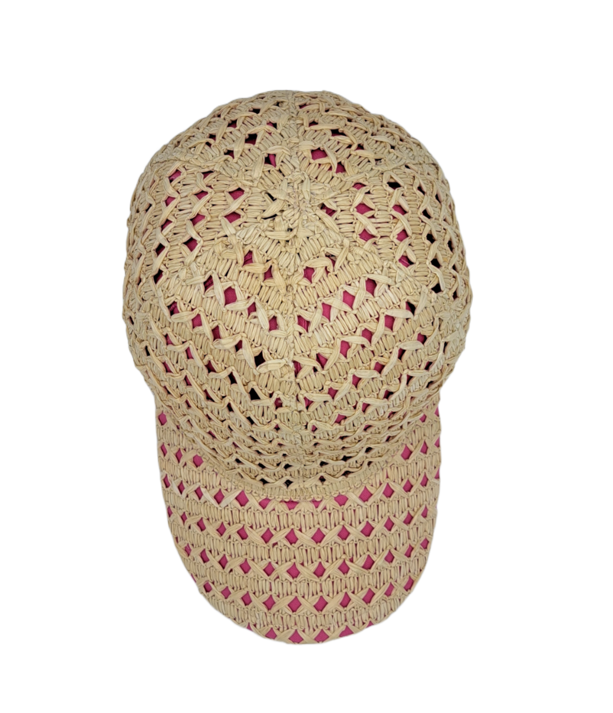 Cappello baseball collezione GoldenHay del brand Accapofitto in rafia di viscosa intrecciata con rivestimento interno di cotone rosa, visione dall'alto