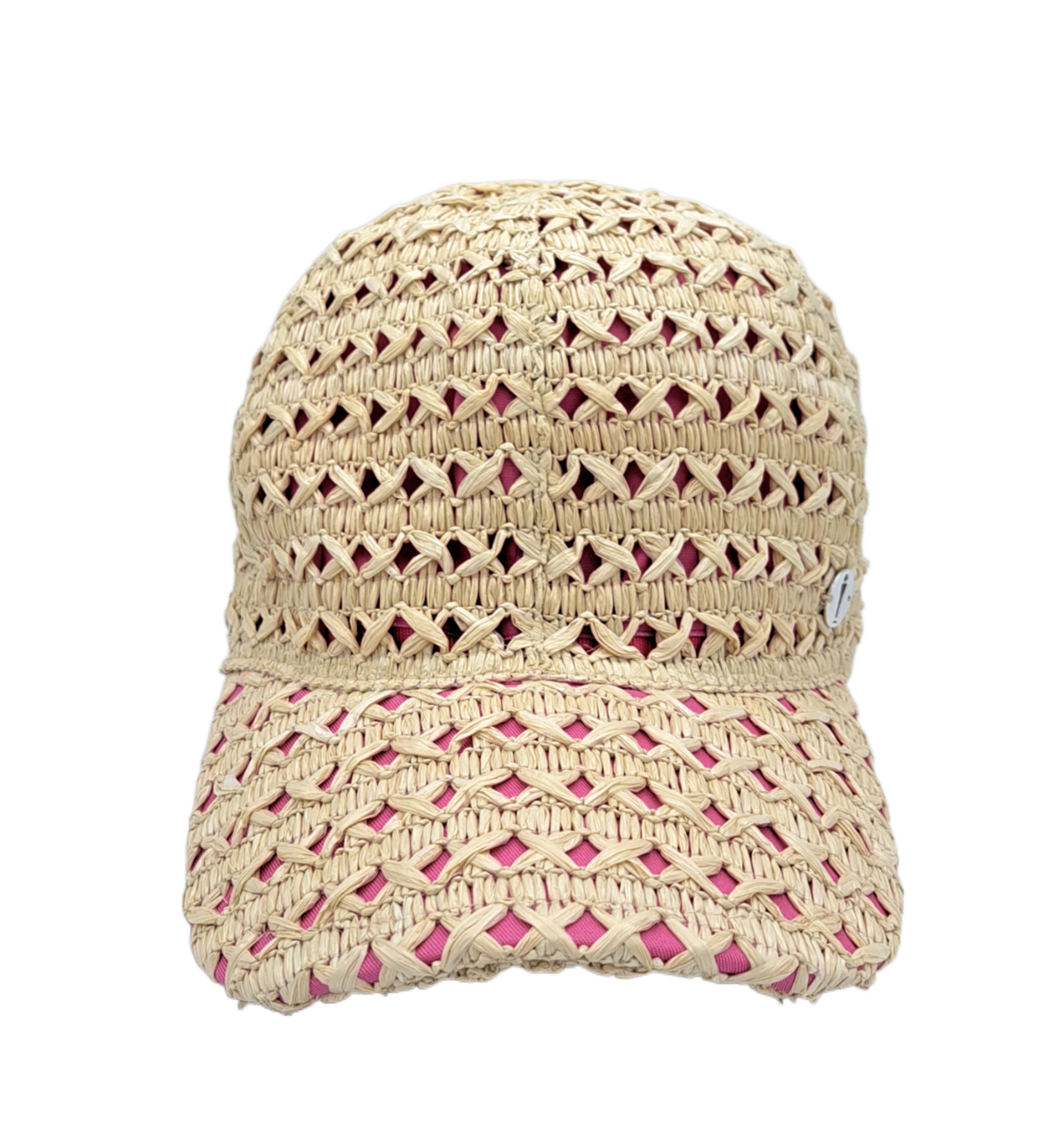 Cappello baseball collezione GoldenHay del brand Accapofitto in rafia di viscosa intrecciata con rivestimento interno di cotone rosa, visione frontale