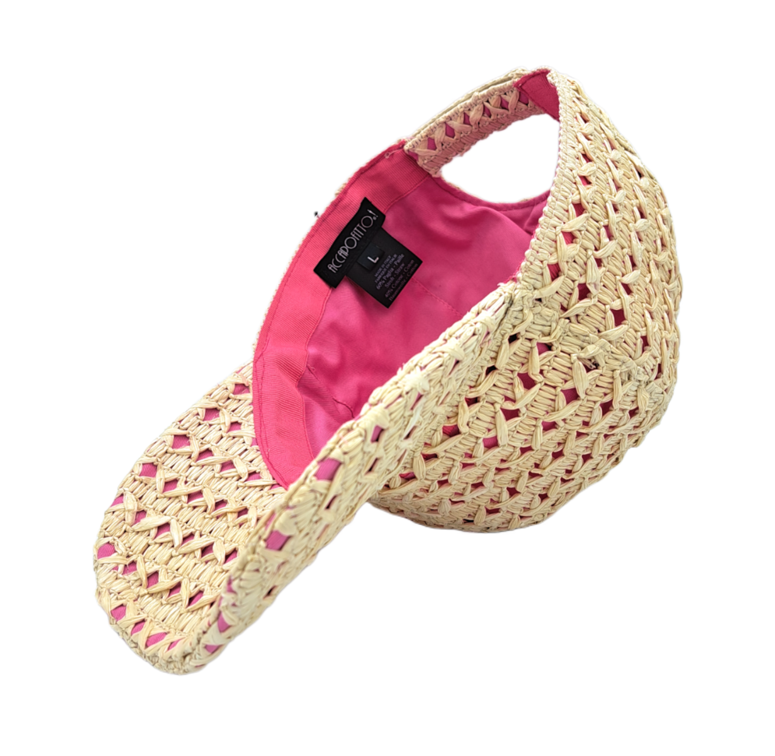 Cappello baseball collezione GoldenHay del brand Accapofitto in rafia di viscosa intrecciata con rivestimento interno di cotone rosa, visione del'interno
