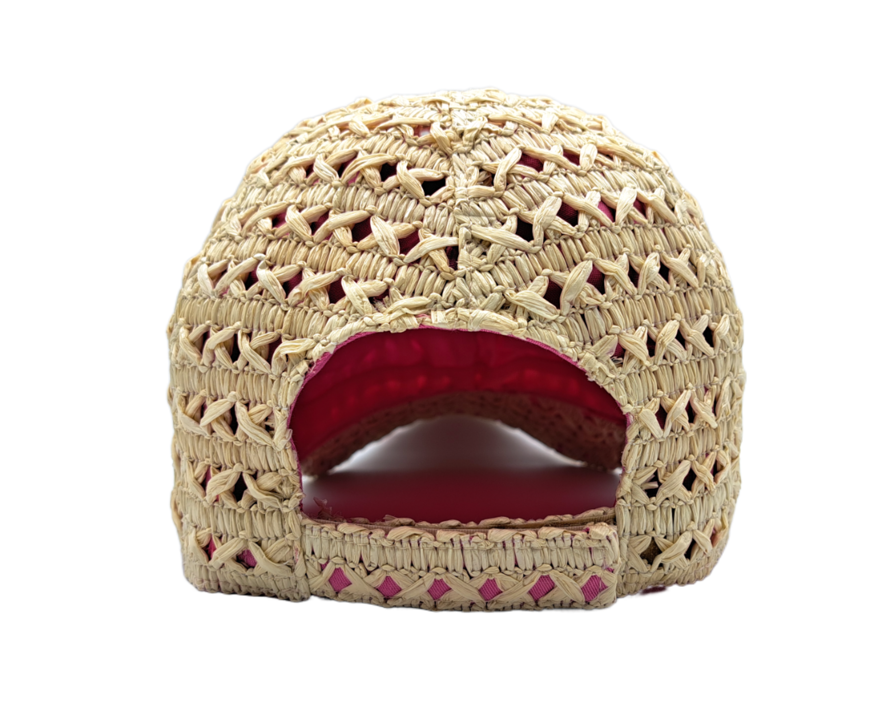 Cappello baseball collezione GoldenHay del brand Accapofitto in rafia di viscosa intrecciata con rivestimento interno di cotone rosa, visione lato posteriore