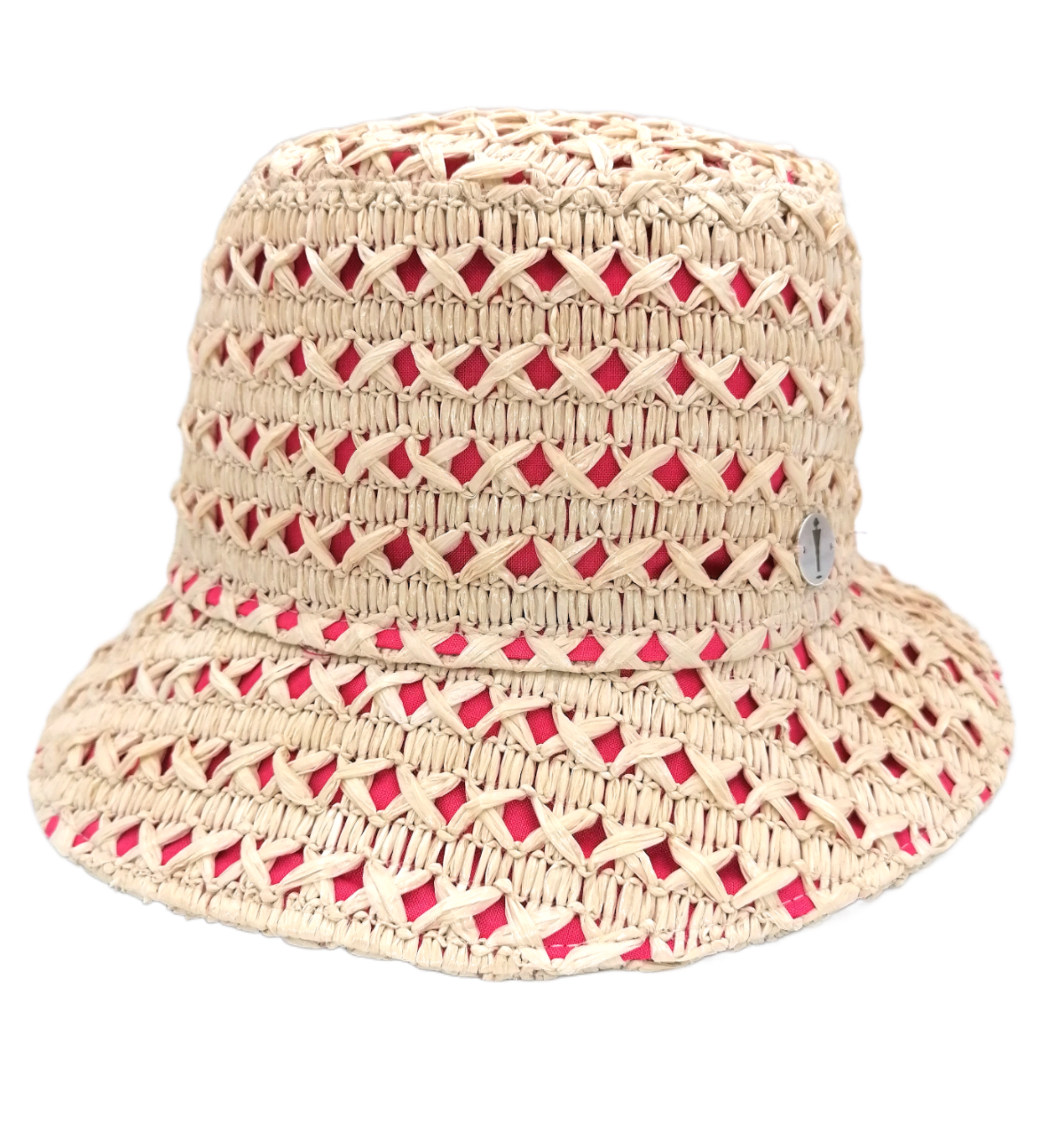 Cappello cloche collezione GoldenHay del brand Accapofitto in rafia di viscosa intrecciata con rivestimento interno di cotone rosa, visione frontale