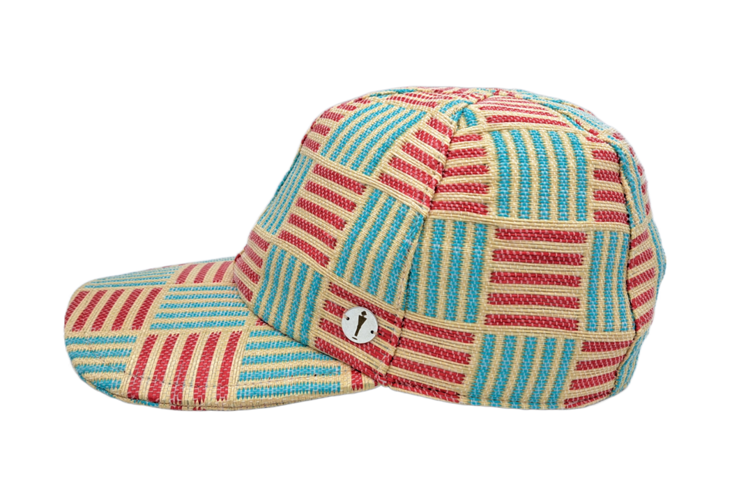 cappello modello baseball del brand Accapofitto in misto rafia di viscosa, fantasia righe rosse azzurre, visione laterale