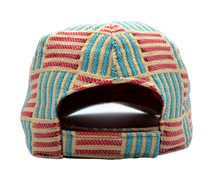 Carica l&#39;immagine nel visualizzatore di Gallery, cappello modello baseball del brand Accapofitto in misto rafia di viscosa, fantasia righe rosse azzurre, visione retro
