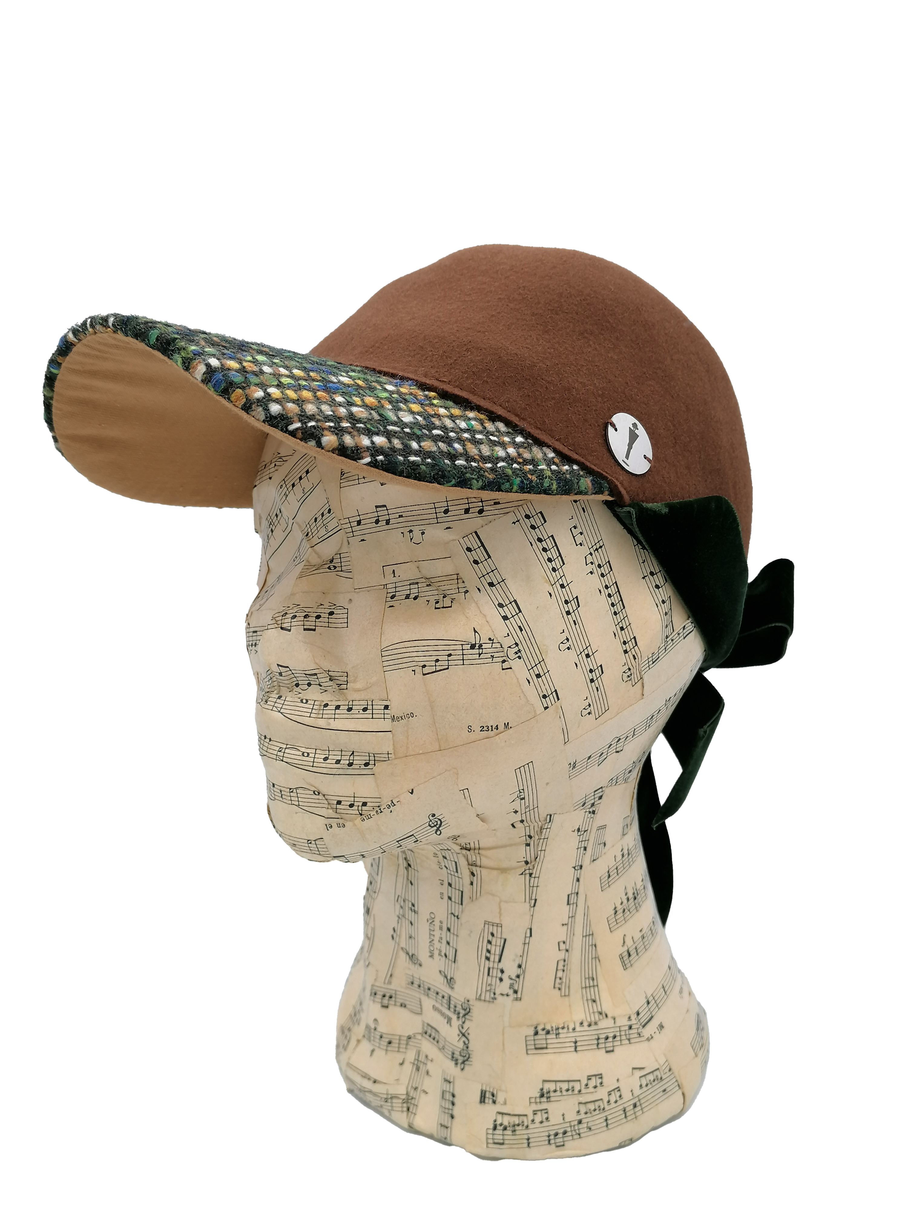 cappello donna modello baseball feltro marrone, tesa tessuto di lana fantasia, nastro velluto verde