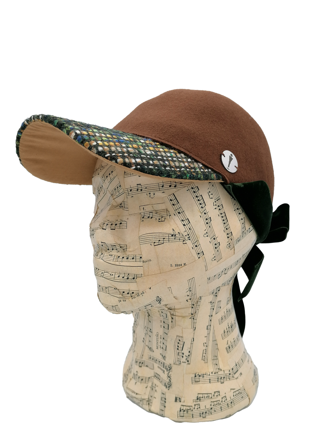 cappello donna modello baseball feltro marrone, tesa tessuto di lana fantasia, nastro velluto verde