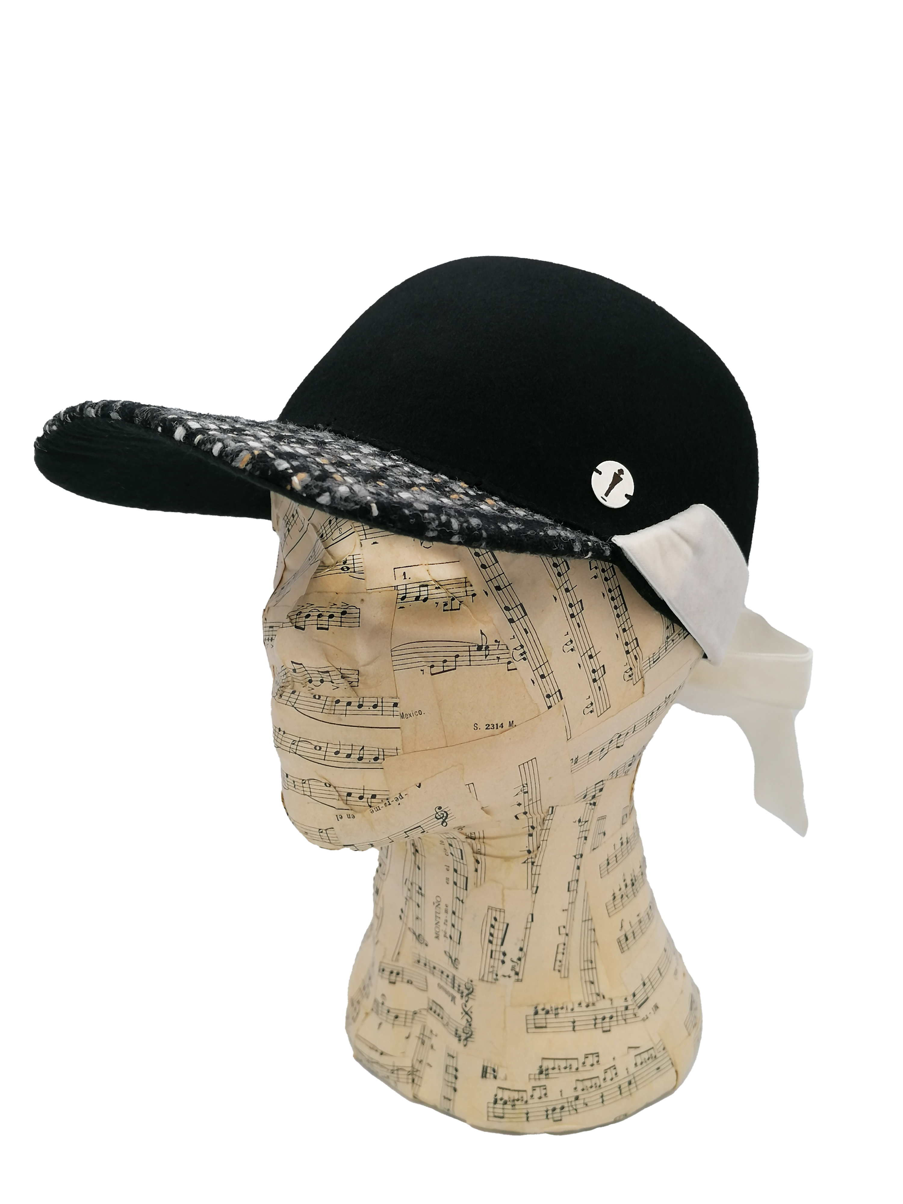 cappello donna modello baseball feltro nero, tesa tessuto di lana fantasia, nastro velluto bianco