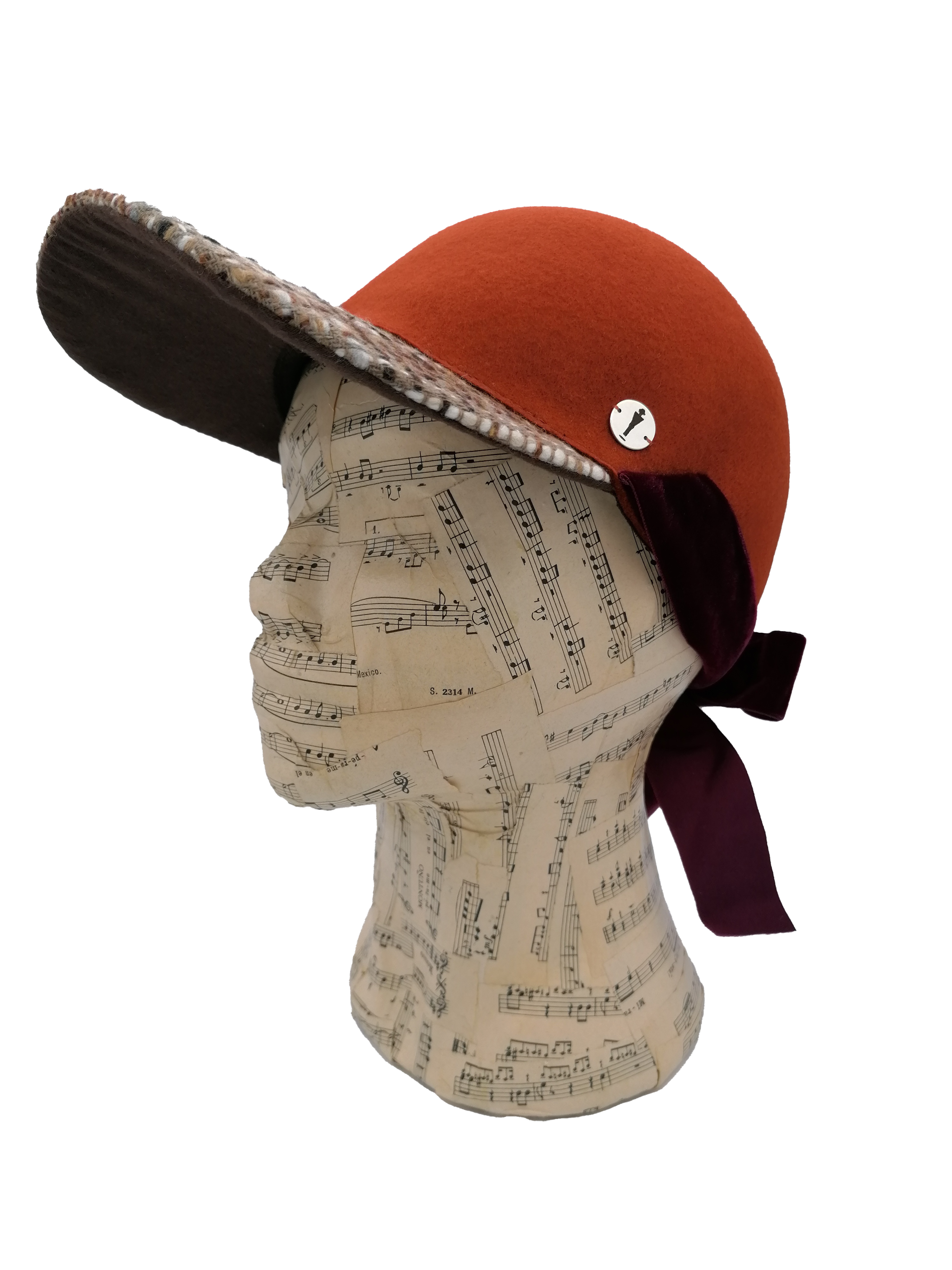cappello donna modello baseball feltro arancione con tesa di tessuto di lana fantasia Accapofitto