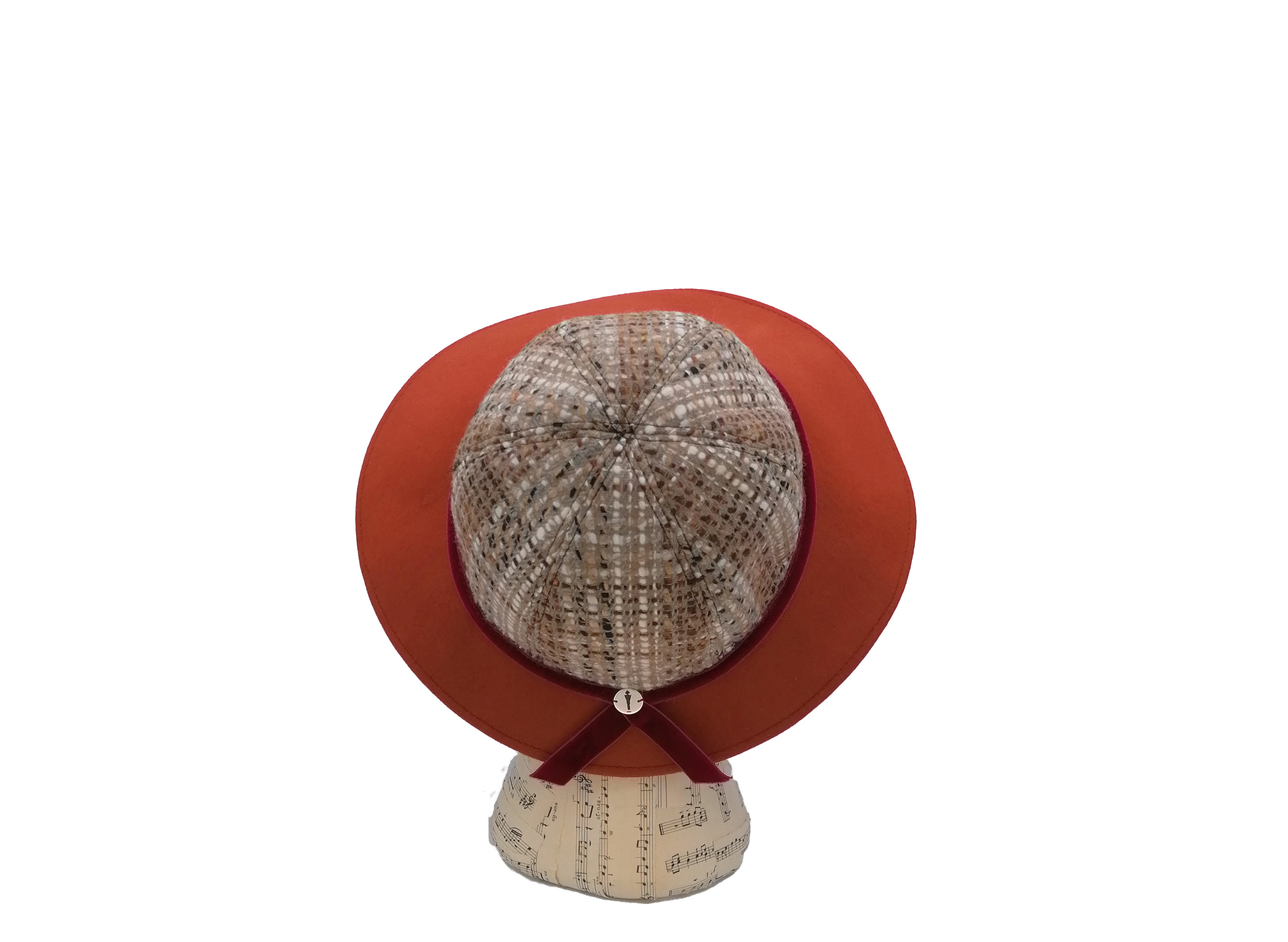 Cappello a cloche donna, tesa in feltro arancione, capino in tessuto di lana fantasia e nastro di velluto viola, retro